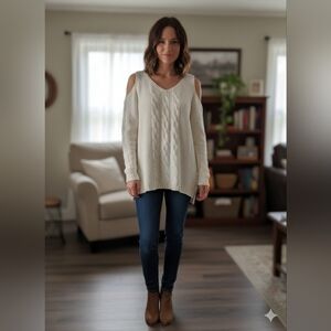 Venus Cream Cold Shoulder Vneck Cable Knit Pullover Sweater